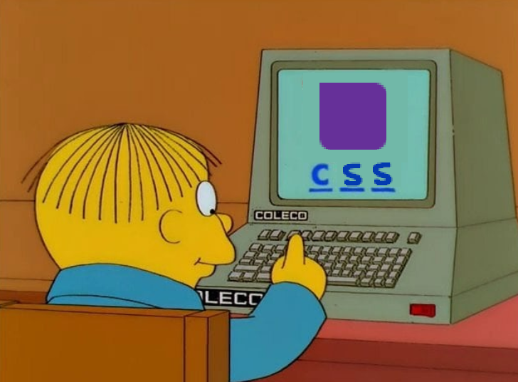Ralph Wiggum typing on an old Coleco computer showing the CSS logo